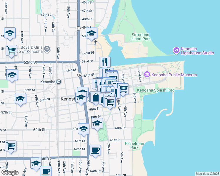 map of restaurants, bars, coffee shops, grocery stores, and more near 5537 6th Avenue in Kenosha