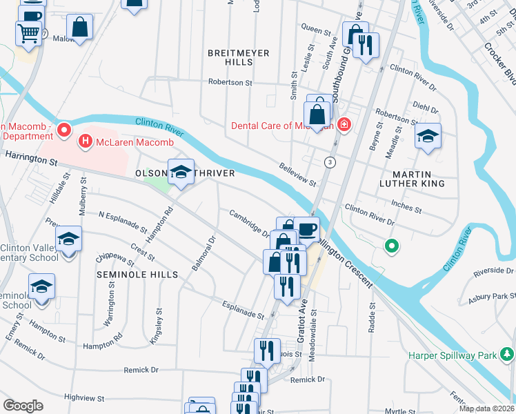 map of restaurants, bars, coffee shops, grocery stores, and more near 267 Wellington Crescent in Mount Clemens