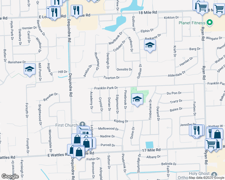 map of restaurants, bars, coffee shops, grocery stores, and more near 39866 Dorian Drive in Sterling Heights