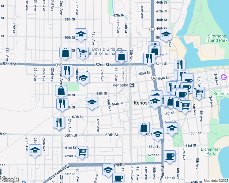 map of restaurants, bars, coffee shops, grocery stores, and more near 5430 14th Avenue in Kenosha