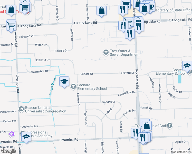 map of restaurants, bars, coffee shops, grocery stores, and more near 650 Eckford Drive in Troy