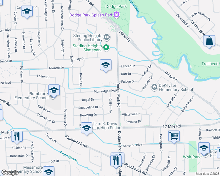 map of restaurants, bars, coffee shops, grocery stores, and more near 11520 Plumridge Boulevard in Sterling Heights