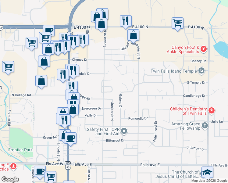 map of restaurants, bars, coffee shops, grocery stores, and more near 1524 Brookside Loop in Twin Falls