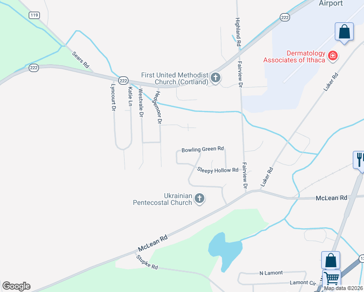 map of restaurants, bars, coffee shops, grocery stores, and more near 730 Bowling Green Rd in Cortland