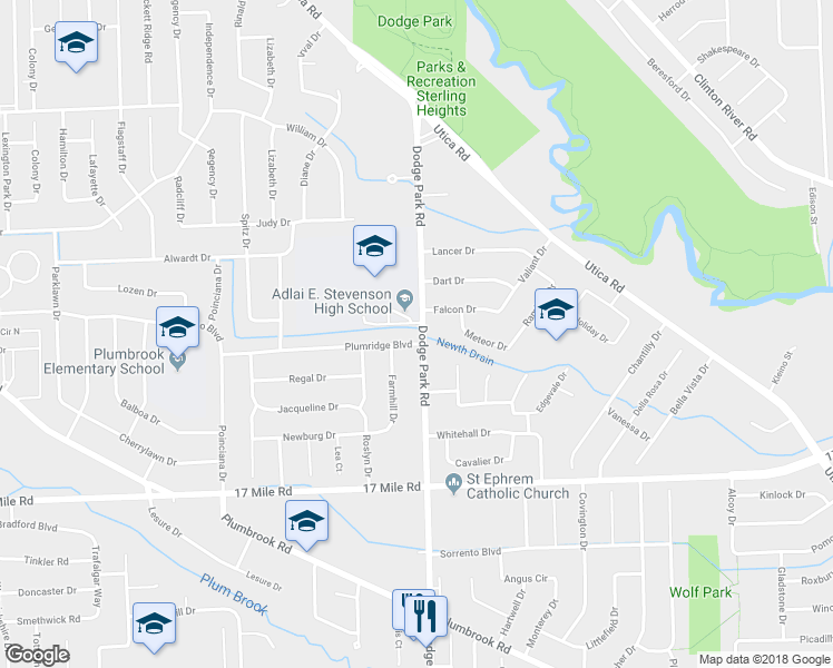 map of restaurants, bars, coffee shops, grocery stores, and more near 11541 Plumridge Boulevard in Sterling Heights