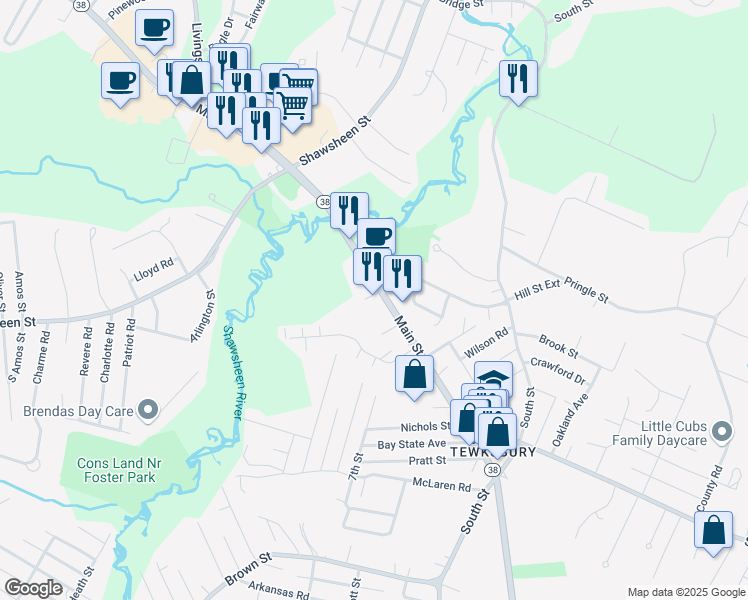 map of restaurants, bars, coffee shops, grocery stores, and more near 2119 Main Street in Tewksbury