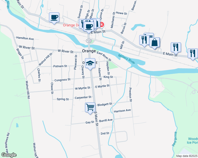 map of restaurants, bars, coffee shops, grocery stores, and more near 63 Adams Street in Orange
