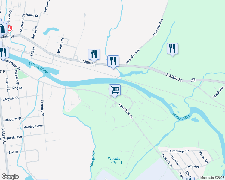 map of restaurants, bars, coffee shops, grocery stores, and more near 383 East River Street in Orange
