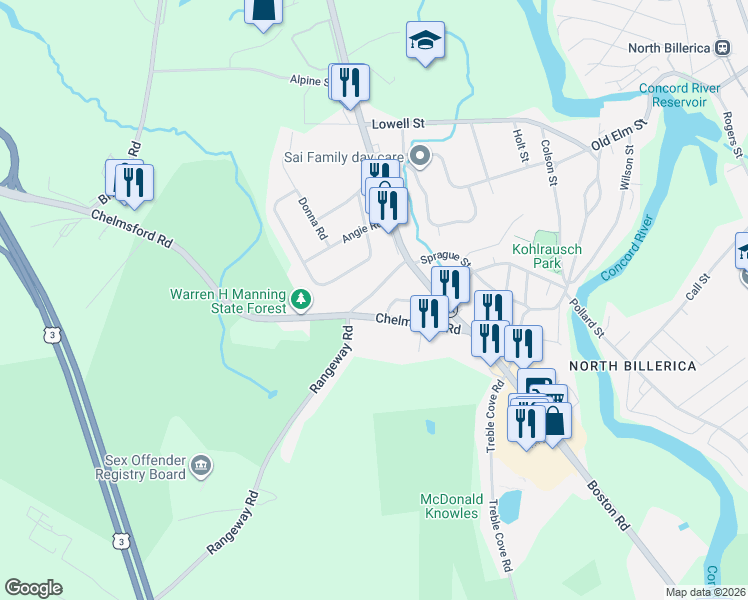 map of restaurants, bars, coffee shops, grocery stores, and more near 27 Chelmsford Road in Billerica