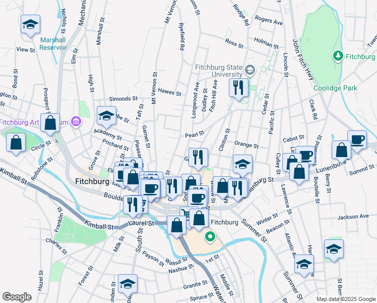 map of restaurants, bars, coffee shops, grocery stores, and more near 102 Day Street in Fitchburg
