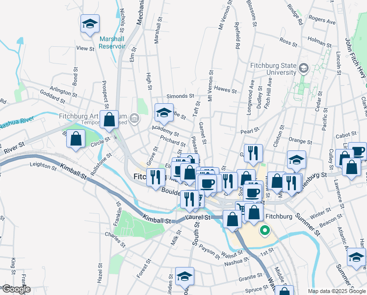 map of restaurants, bars, coffee shops, grocery stores, and more near 79 Prichard Street in Fitchburg