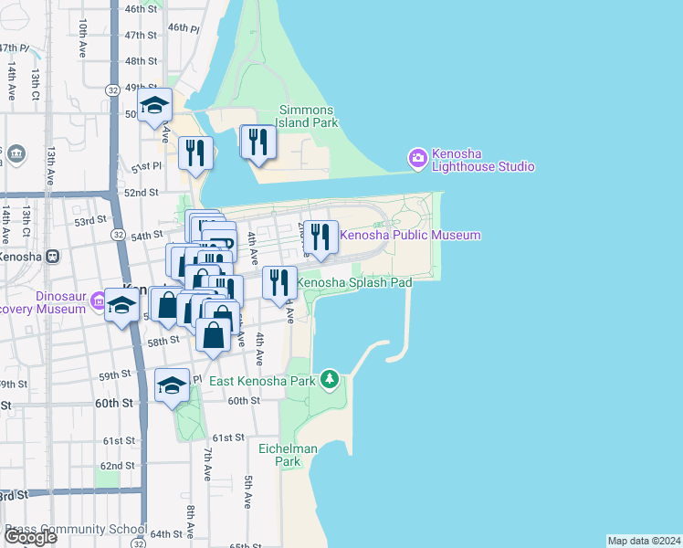 map of restaurants, bars, coffee shops, grocery stores, and more near 201 56th Street in Kenosha