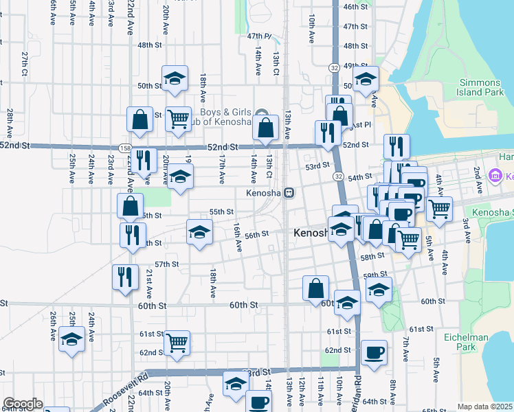 map of restaurants, bars, coffee shops, grocery stores, and more near 5430 14th Avenue in Kenosha