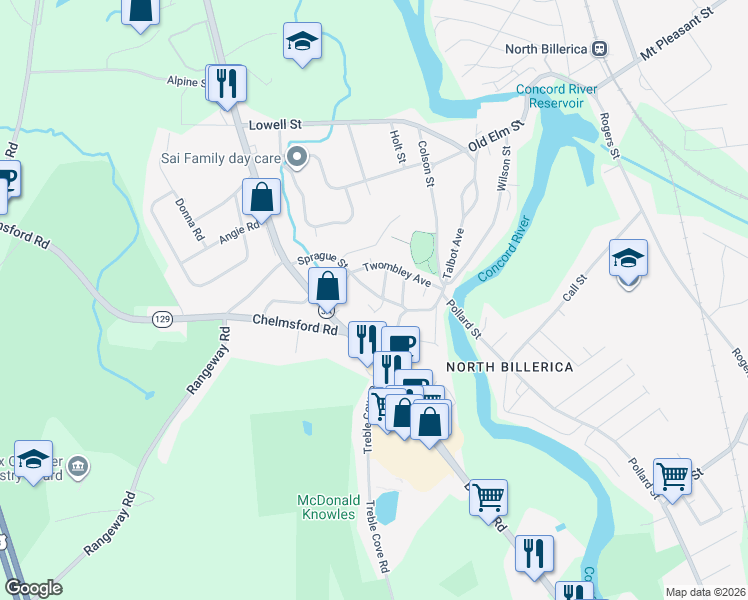 map of restaurants, bars, coffee shops, grocery stores, and more near 14 Sprague Street in Billerica