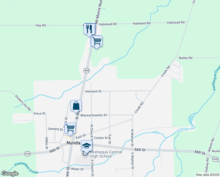 map of restaurants, bars, coffee shops, grocery stores, and more near 24 Vermont Street in Nunda