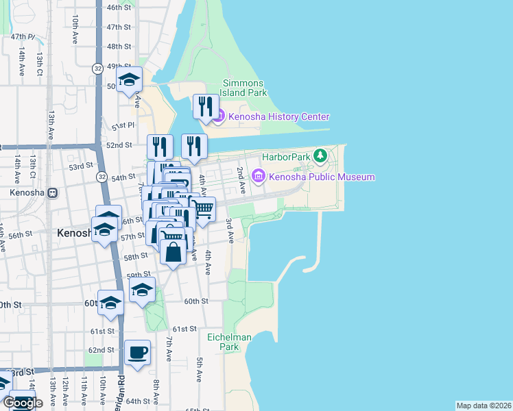map of restaurants, bars, coffee shops, grocery stores, and more near 115 56th Street in Kenosha