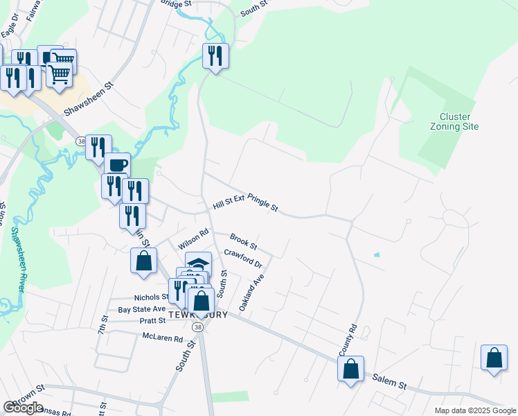 map of restaurants, bars, coffee shops, grocery stores, and more near 87 Pringle Street in Tewksbury
