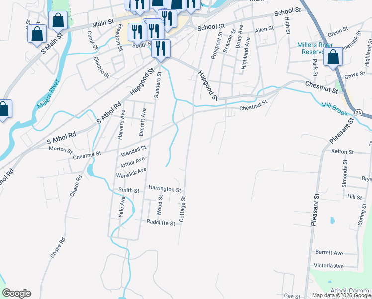 map of restaurants, bars, coffee shops, grocery stores, and more near 625 Cottage Street in Athol
