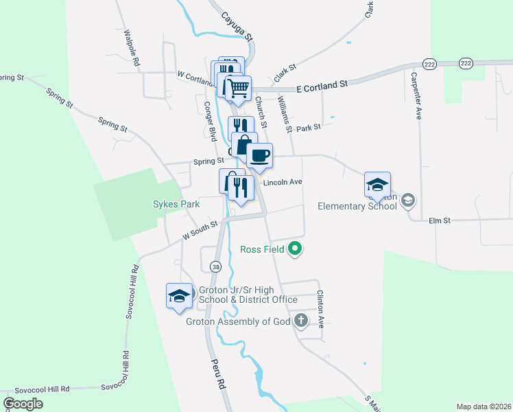 map of restaurants, bars, coffee shops, grocery stores, and more near 106 New York 38 in Groton