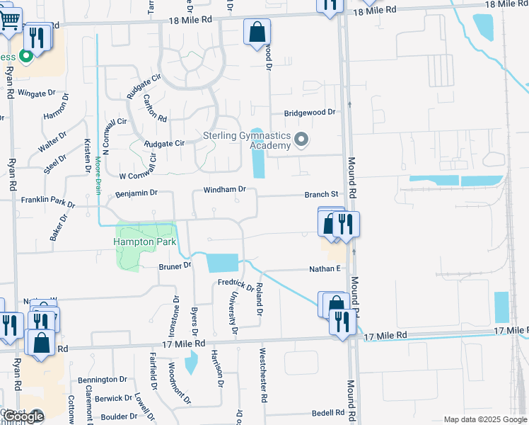 map of restaurants, bars, coffee shops, grocery stores, and more near 5411 Gardner Street East in Sterling Heights