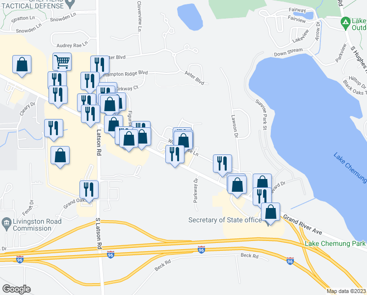 map of restaurants, bars, coffee shops, grocery stores, and more near White Horse Lane in Howell