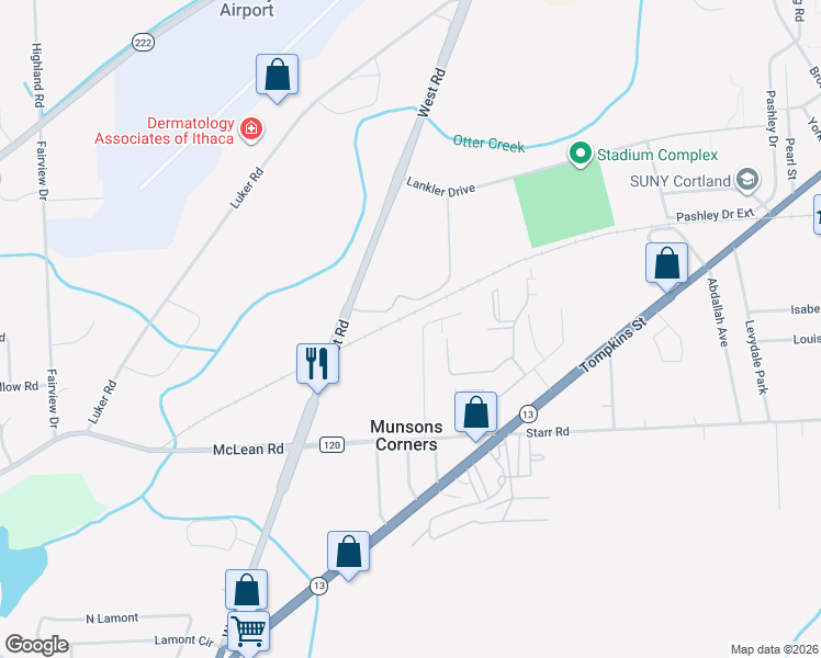 map of restaurants, bars, coffee shops, grocery stores, and more near 3701 Allen Drive in Cortland