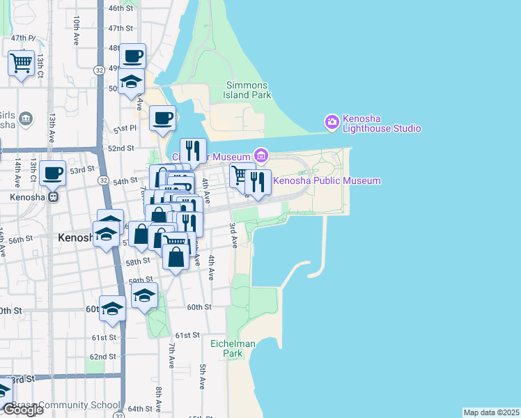 map of restaurants, bars, coffee shops, grocery stores, and more near 115 56th Street in Kenosha