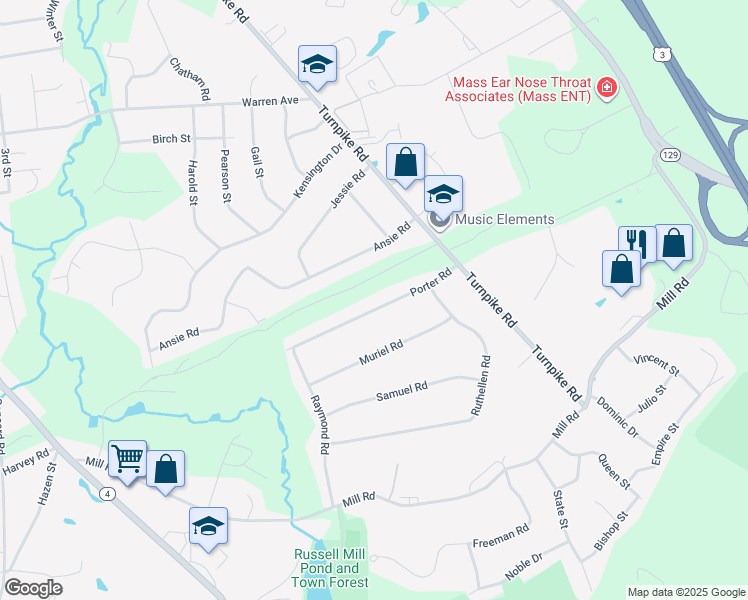 map of restaurants, bars, coffee shops, grocery stores, and more near 19 Porter Road in Chelmsford