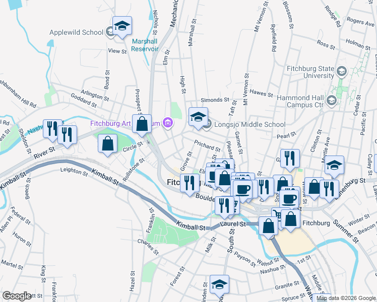 map of restaurants, bars, coffee shops, grocery stores, and more near 50 Grove Street in Fitchburg