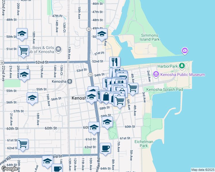 map of restaurants, bars, coffee shops, grocery stores, and more near in Kenosha