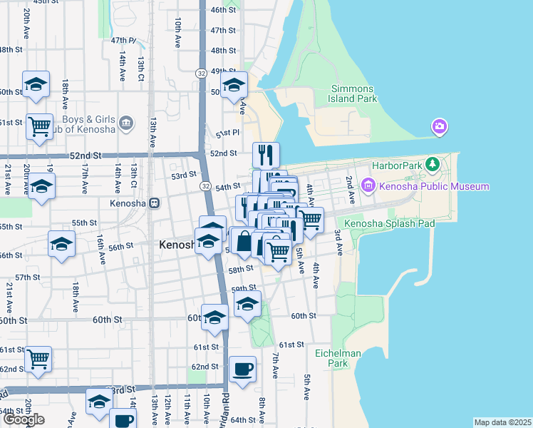 map of restaurants, bars, coffee shops, grocery stores, and more near 5509 6th Avenue in Kenosha