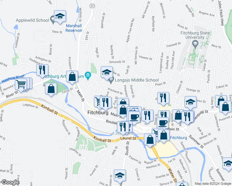 map of restaurants, bars, coffee shops, grocery stores, and more near 32 Adams Street in Fitchburg
