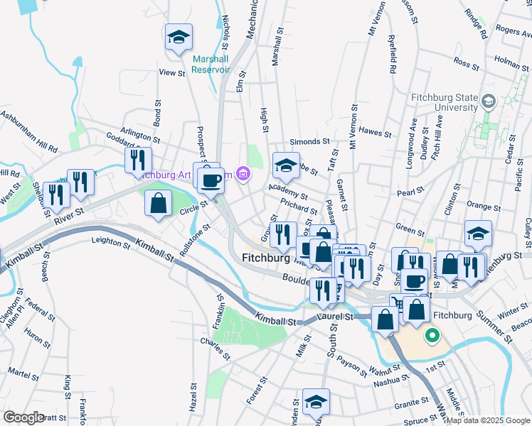 map of restaurants, bars, coffee shops, grocery stores, and more near 50 Grove Street in Fitchburg