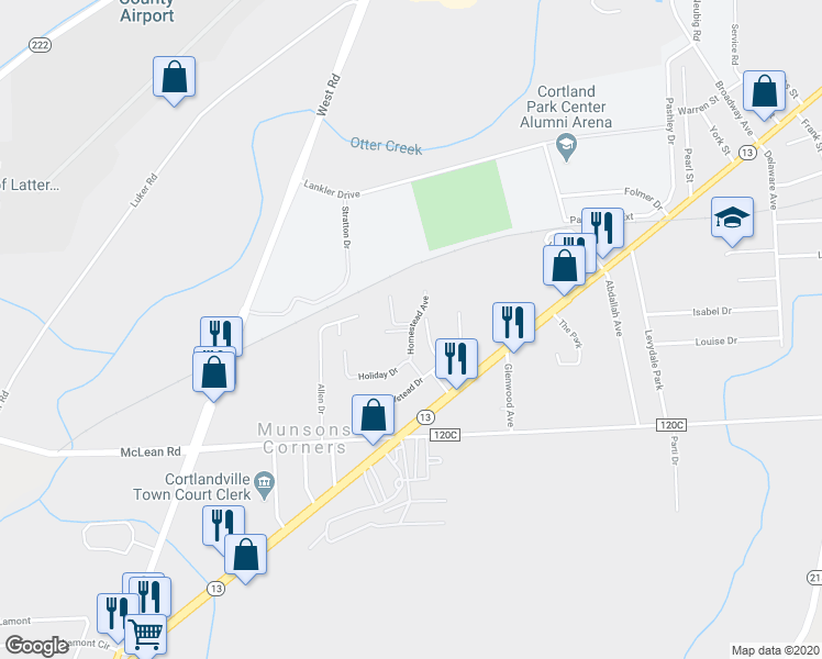 map of restaurants, bars, coffee shops, grocery stores, and more near 3685 Homestead Avenue in Cortland