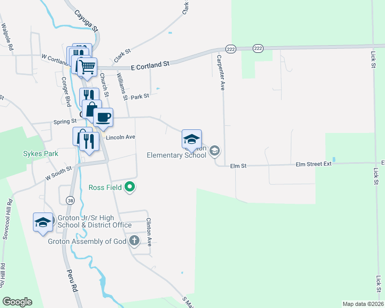 map of restaurants, bars, coffee shops, grocery stores, and more near 516 Elm Street in Groton