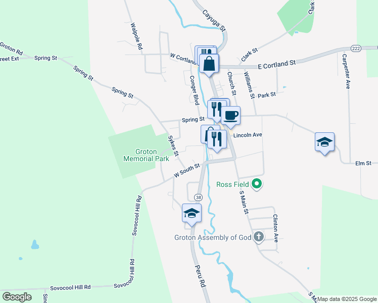 map of restaurants, bars, coffee shops, grocery stores, and more near 110 Sykes St in Groton