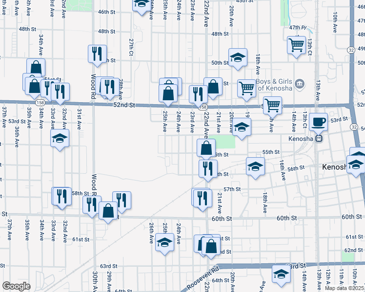 map of restaurants, bars, coffee shops, grocery stores, and more near 2410 55th Street in Kenosha