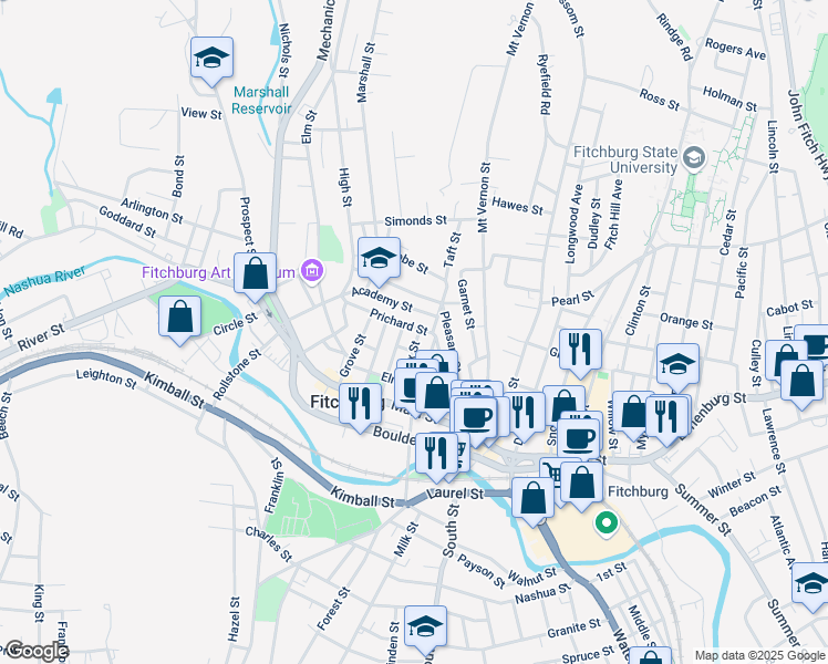 map of restaurants, bars, coffee shops, grocery stores, and more near 79 Prichard Street in Fitchburg
