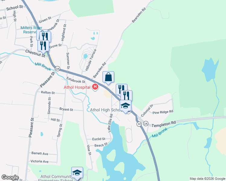 map of restaurants, bars, coffee shops, grocery stores, and more near 2154 Main Street in Athol