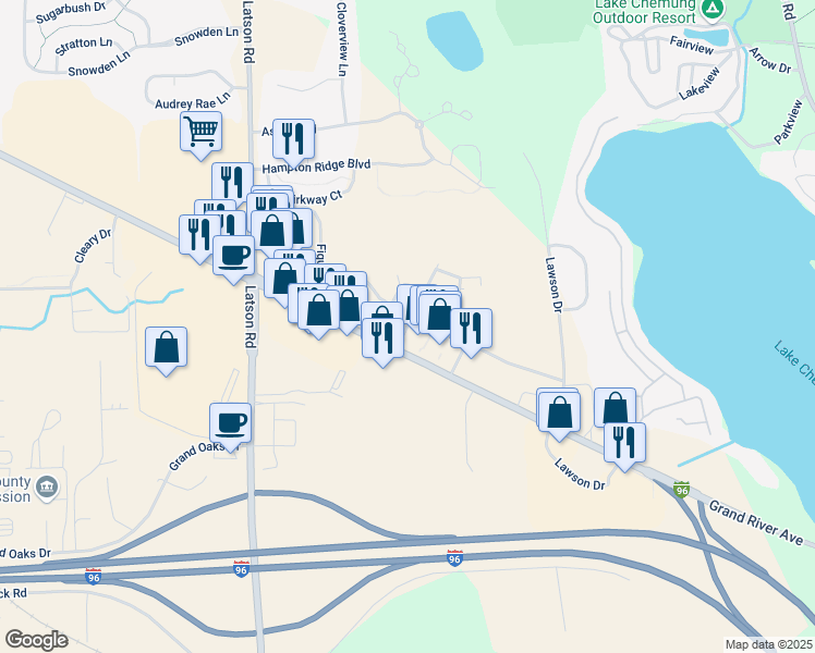 map of restaurants, bars, coffee shops, grocery stores, and more near 1000 Westbury Boulevard in Howell