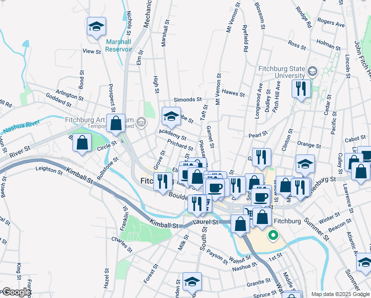 map of restaurants, bars, coffee shops, grocery stores, and more near 119 Prichard Street in Fitchburg