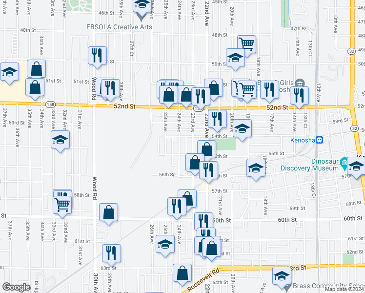 map of restaurants, bars, coffee shops, grocery stores, and more near 5421 24th Avenue in Kenosha