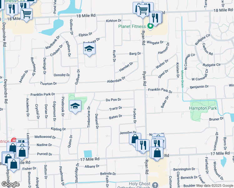 map of restaurants, bars, coffee shops, grocery stores, and more near 3519 Du Pon Drive in Sterling Heights