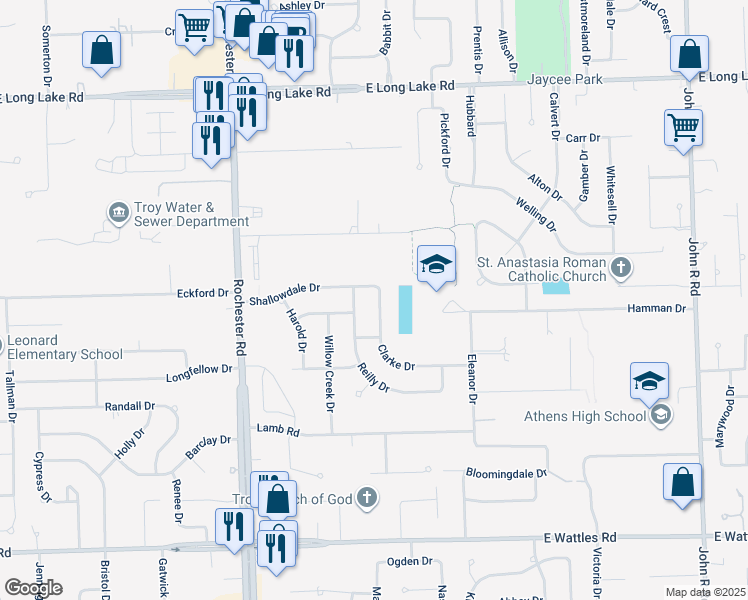 map of restaurants, bars, coffee shops, grocery stores, and more near 4486 Clarke Drive in Troy