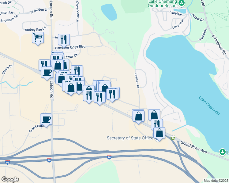 map of restaurants, bars, coffee shops, grocery stores, and more near White Horse Lane in Howell