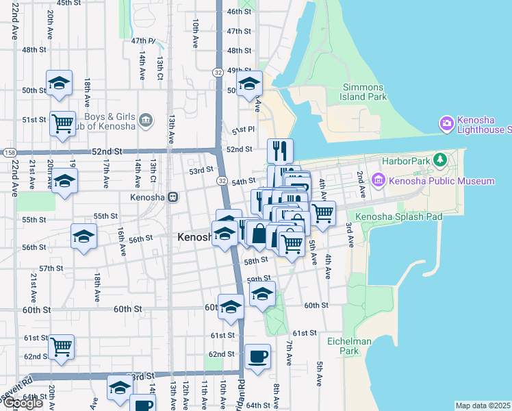 map of restaurants, bars, coffee shops, grocery stores, and more near in Kenosha