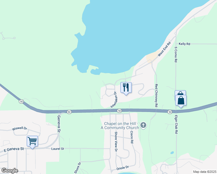 map of restaurants, bars, coffee shops, grocery stores, and more near W4318 State Road 50 in Lake Geneva