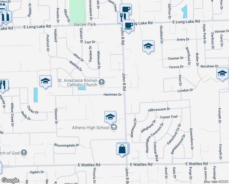 map of restaurants, bars, coffee shops, grocery stores, and more near 1964 Hamman Drive in Troy