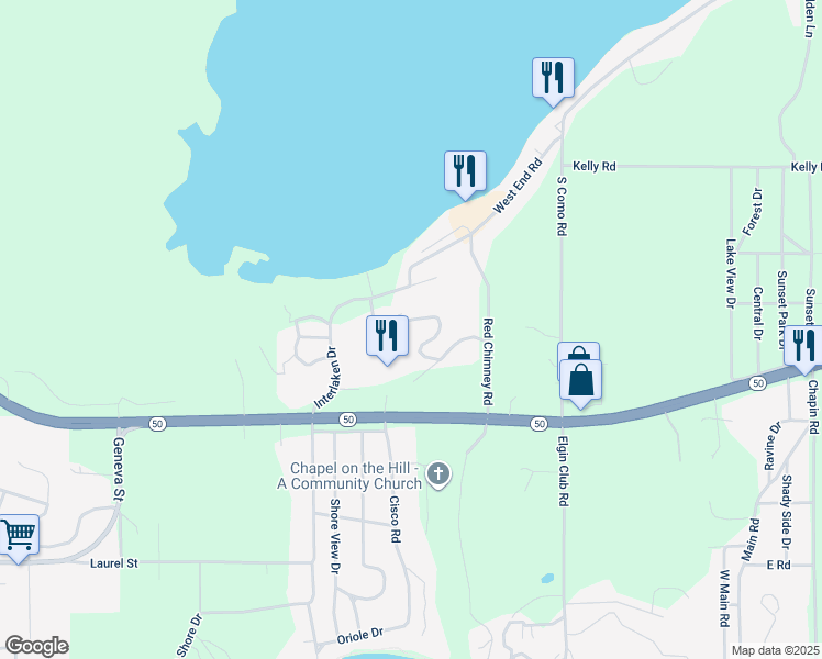 map of restaurants, bars, coffee shops, grocery stores, and more near 60 Lausanne Court in Lake Geneva