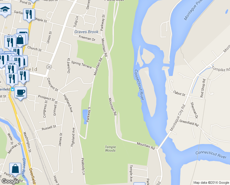 map of restaurants, bars, coffee shops, grocery stores, and more near 128 Mountain Road in Greenfield